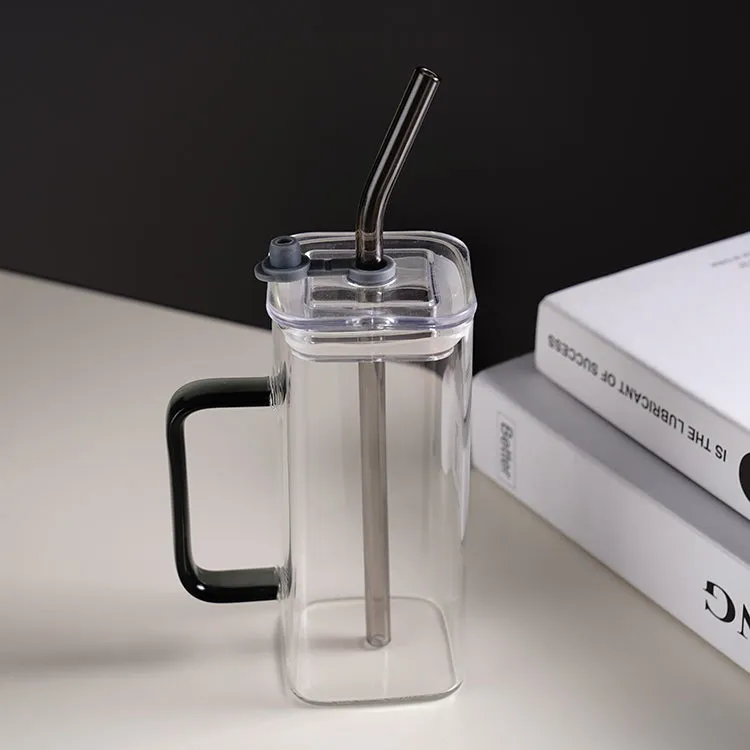 Transparent Square Tumbler Drinking Glass with Glass Straw and Colourful Handle