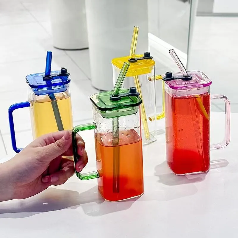 Transparent Square Tumbler Drinking Glass with Glass Straw and Colourful Handle