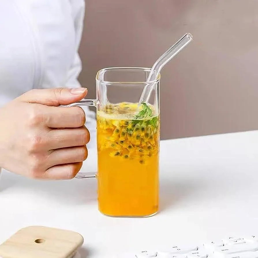 Transparent Square Tumbler Drinking Glass with Glass Straw and Colourful Handle