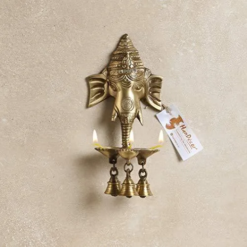 Two Moustaches Brass Ganesha Wall Hanging Deepak with Bells | Home Decor Diya |