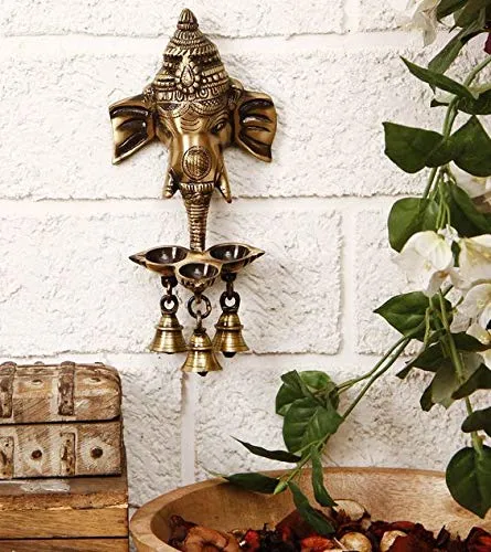 Two Moustaches Brass Ganesha Wall Hanging Deepak with Bells | Home Decor Diya |