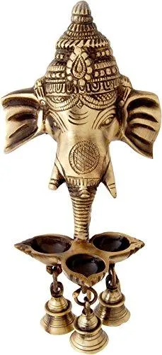 Two Moustaches Brass Ganesha Wall Hanging Deepak with Bells | Home Decor Diya |