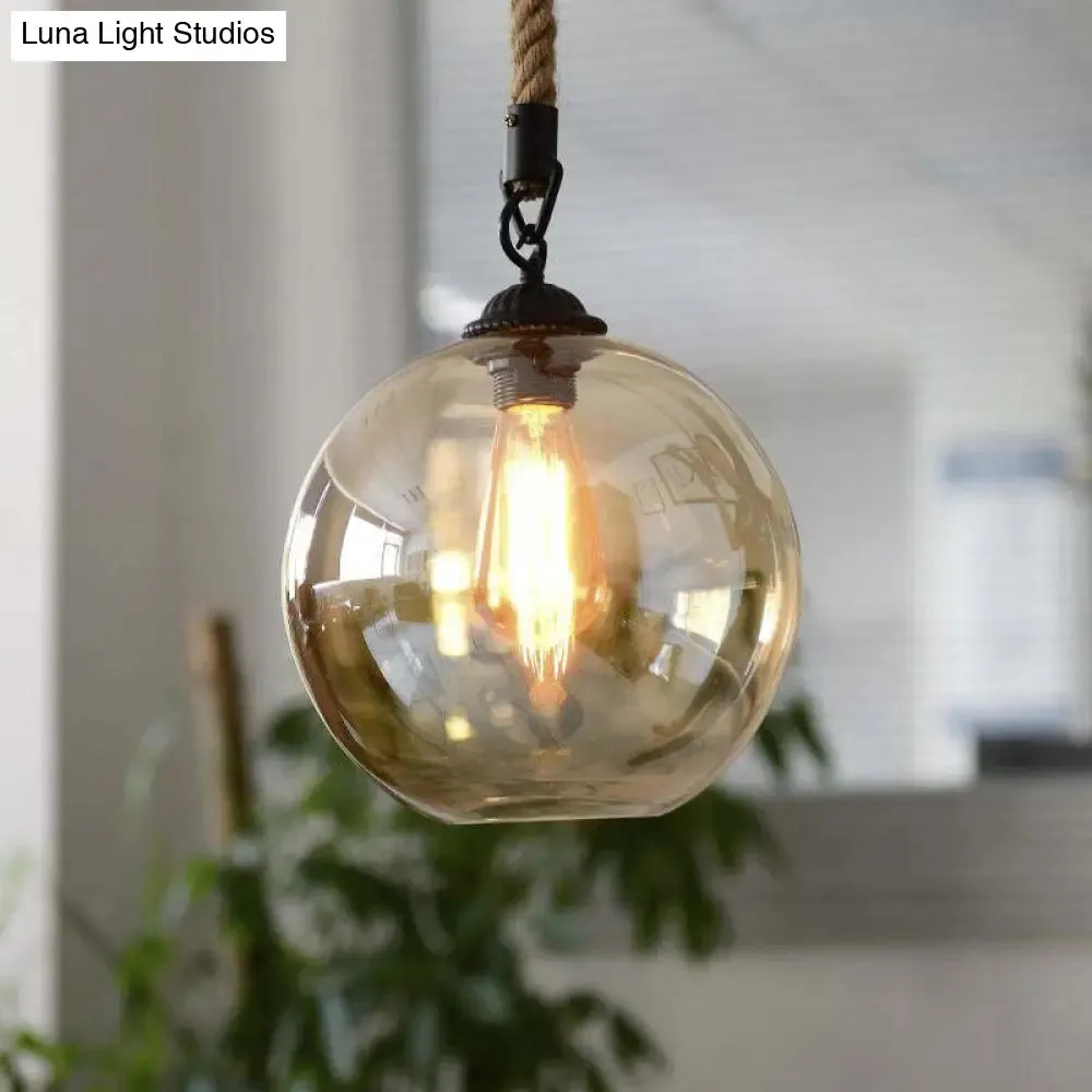 Vintage Style Amber Glass Pendant Light with Hanging Rope for Restaurants