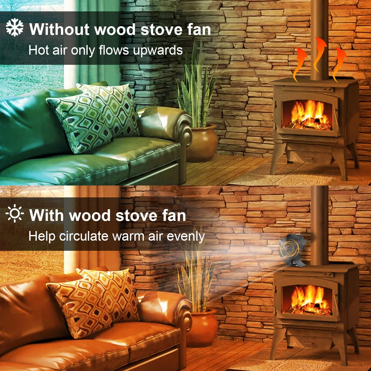 VODA Wood Burner Stove Fan Heat Powered Stove Fan with Bracket for Buddy Heater/Pellet/Wood stove/Fireplace