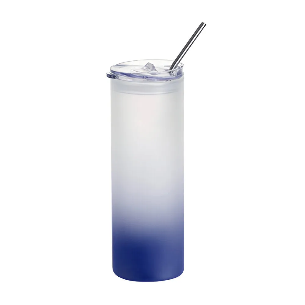 Water Bottles - Glass - Skinny - Frosted (DARK BLUE) 750ml Tumbler with Plastic Lid