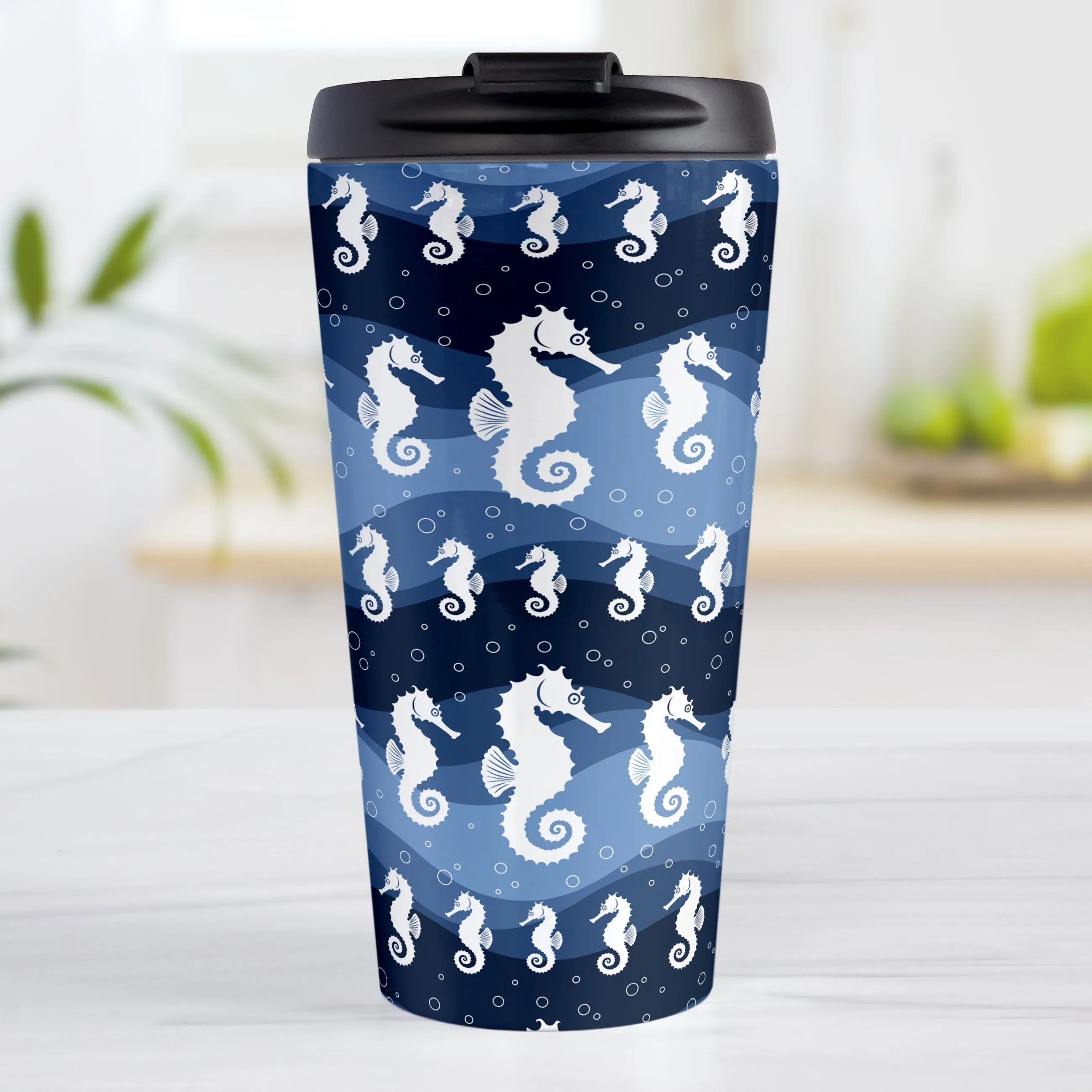 Wavy Blue Seahorse Travel Mug