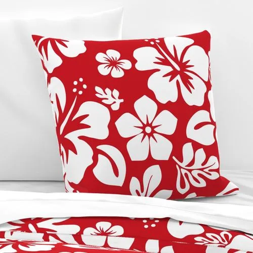 White Hawaiian Hibiscus Flowers on Red Euro Pillow Sham