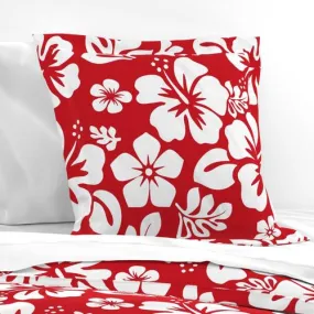 White Hawaiian Hibiscus Flowers on Red Euro Pillow Sham