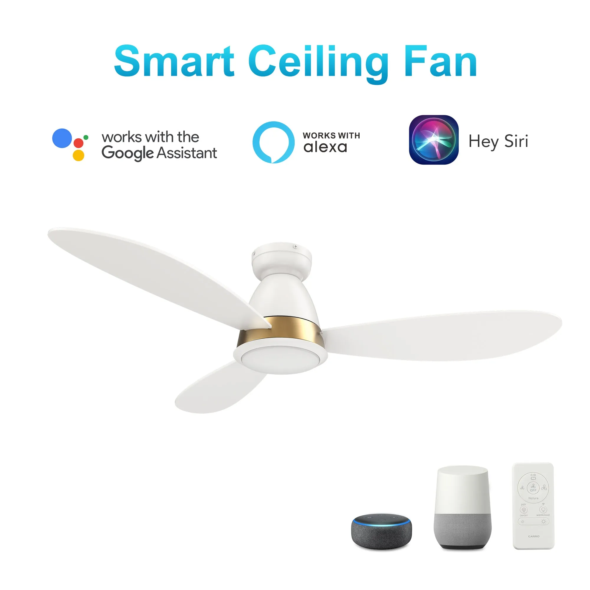 YORK 52 inch 3-Blade Flush Mount Smart Ceiling Fan with LED Light Kit & Remote Control- White/White (Gold Details)